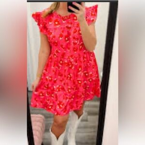 1XL Dopamine Boho Rose Red Leopard Print Ruffle Cap Sleeve Mini Dress